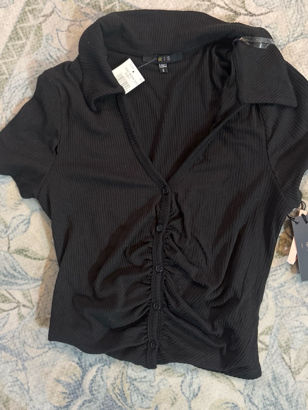 Black Ribbed Button-Front Collared Top